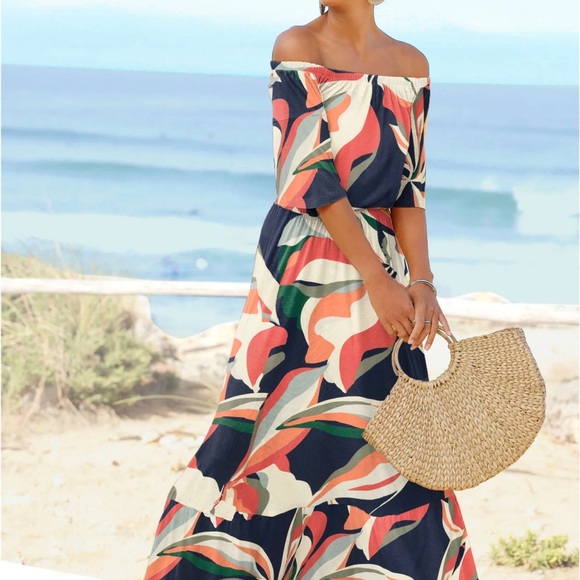VENUS Dresses & Skirts - VENUS Off-Shoulder Maxi Dress in Navy, Coral, Cream & Green Print